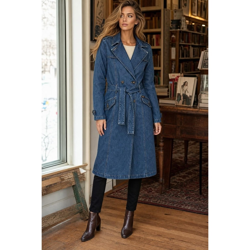 Vintage Lee Denim Trench Coat Women's L Blue Belted 90s Y2K Western